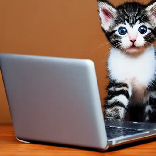 Image similar to an cute kitten is sticking its head out of a monitor of a laptop