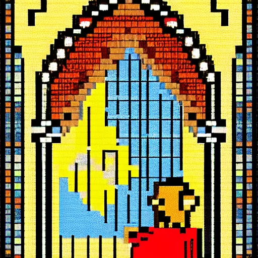 Prompt: pixel art of a farmer in a cathedral holding a red basketball