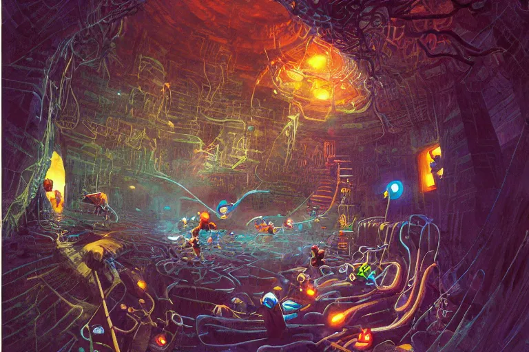Prompt: illustration of zelda and link exploring a underground lava labyrinth, pipes, string lights, by John Berkey, fisheye lens