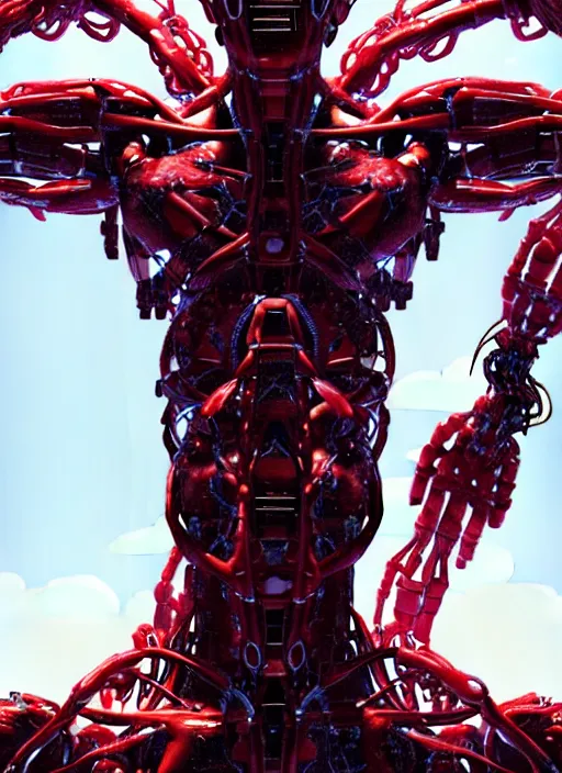 Image similar to space station exterior, a statue jesus on cross made of red marble, perfect symmetrical body, full body shot, inflateble shapes, wires, tubes, veins, white biomechanical, wearing epic bionic cyborg implants, masterpiece, intricate, biopunk, vogue, highly detailed, artstation, concept art, cyberpunk, octane render