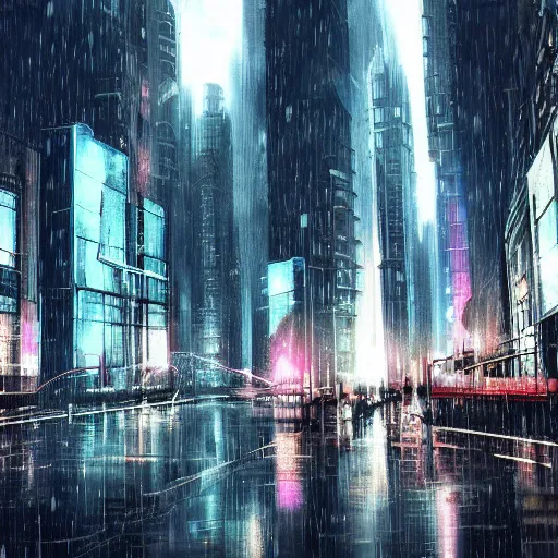 Prompt: futuristic city, rain