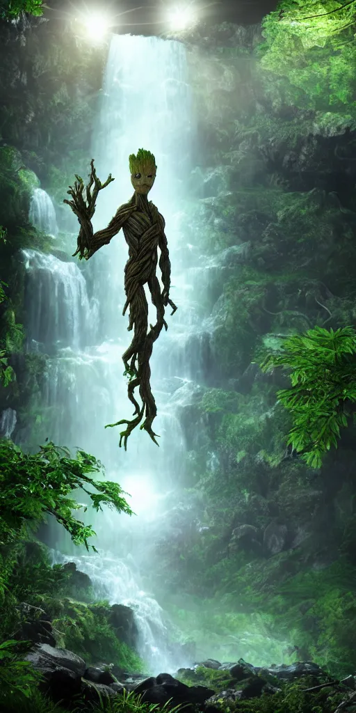 Prompt: photorealistic full shot of Groot under waterfall at moonlight, green color palette, high detail, unreal engine 4k volumetric light, fog,