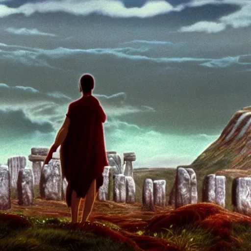 Image similar to movie still from princess mononoke ( 1 9 9 7 ) showing a highly detailed landscape with two monks praying with stonehenge in the background 1 9 8 0 s science fiction, 1 9 7 0 s science fiction, cyberpunk, moody, misty, depth perception, 4 k, artstation