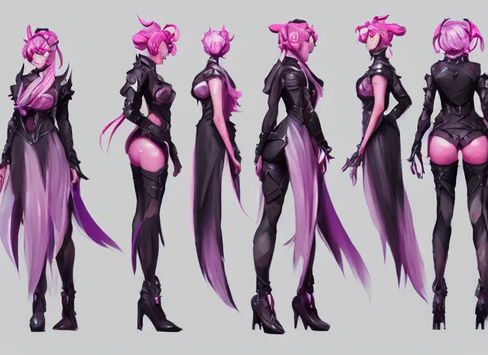 Image similar to character sheet for a beautiful and cute girl for genshin impact by greg rutkowski, black to light pink fade hair, genshin impact style, overwatch style, sorcerer magic witch, digital art, trending on artstation, hd, 8 k, highly detailed, good lighting, beautiful, masterpiece