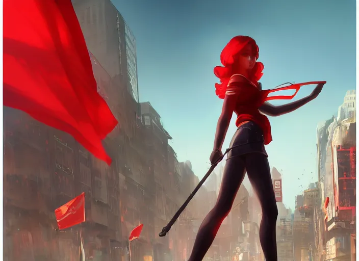 Image similar to glowing girl walking through daylight city carrying a red propaganda flag , DSLR 85mm, by Craig Mullins, ilya kuvshinov, krenz cushart, artgerm, Unreal Engine 5, Lumen, Nanite