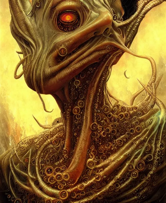 Prompt: eldritch horror, trending on artstation, portrait, tarot card, digital art by karol bak