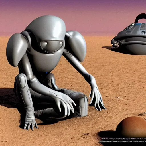 Prompt: a sad Roswell grey alien trying to repair his crashed burning spacecraft in the desert, a hologram by Alan Bean, featured on zbrush central, hurufiyya, zbrush, polycount, airbrush art