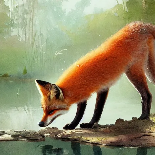 Image similar to a portrait of a cute fox drinking from a pond, by stanley lau and greg rutkowski