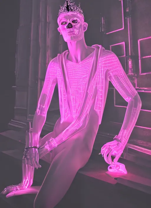 Image similar to photo of baroque and bladerunner delicate neon ruby sculpture of seductive ceramic albino king adrien sahores delicious pink iridescent humanoid deity wearing black fluffy hoody holding diamond skull in a black metallic dungeon, reclining, glowing rainbow face, crown of white diamonds, cinematic lighting, photorealistic, octane render 8 k depth of field 3 d
