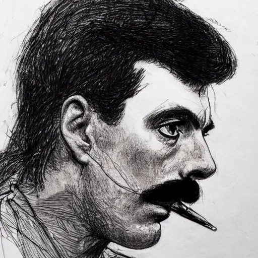 Prompt: a realistic yet scraggly portrait sketch of the side profile of a stern and sophisticated freddie mercury, trending on artstation, intricate details, in the style of frank auerbach, in the style of sergio aragones, in the style of martin ansin, in the style of david aja, in the style of mattias adolfsson