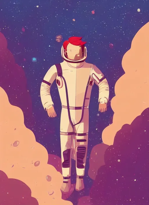 Prompt: a handsome man with red hair floating in space. he is an astronaut, wearing a space suit. clean cel shaded vector art. shutterstock. behance hd by lois van baarle, artgerm, helen huang, by makoto shinkai and ilya kuvshinov, rossdraws, illustration, art by ilya kuvshinov