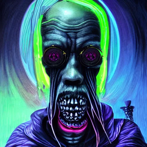 Image similar to a death tarot featuring a haitian voodoo priest with menacing eyes, blacklight neon colors, by anton semenov and android jones in cyberpunk voodoo style, oil on canvas, 8k