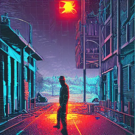Image similar to a lone soldier stands on illuminated grid in a ruined city street by dan mumford