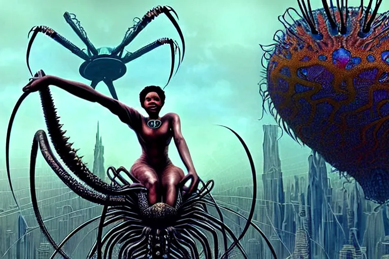 Image similar to realistic detailed closeup portrait movie shot of a beautiful black woman riding a giant spider, dystopian city landscape background by denis villeneuve, amano, yves tanguy, alphonse mucha, max ernst, ernst haeckel, edward robert hughes, roger dean, cyber necklace, rich moody colours, sci fi patterns, wide angle