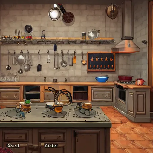 Image similar to an ordinary european kitchen, in the style of Doom Eternal