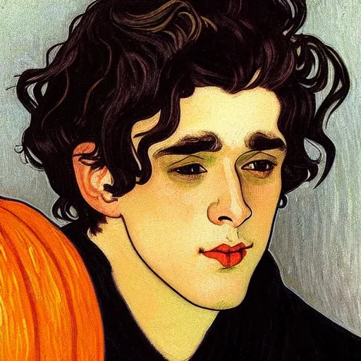 Image similar to painting of young cute handsome beautiful dark medium wavy hair man in his 2 0 s named shadow taehyung and cute handsome short dark hair man together at the halloween jack o lantern pumpkin party, autumn colors, elegant, clear, painting, stylized, delicate, soft facial features, delicate facial features, soft art, art by alphonse mucha, vincent van gogh, egon schiele