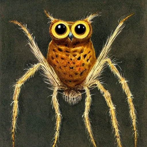 Prompt: jumping spider mixed with owl, sketch by Leonardo Da Vinci, hybrid creature, detailed