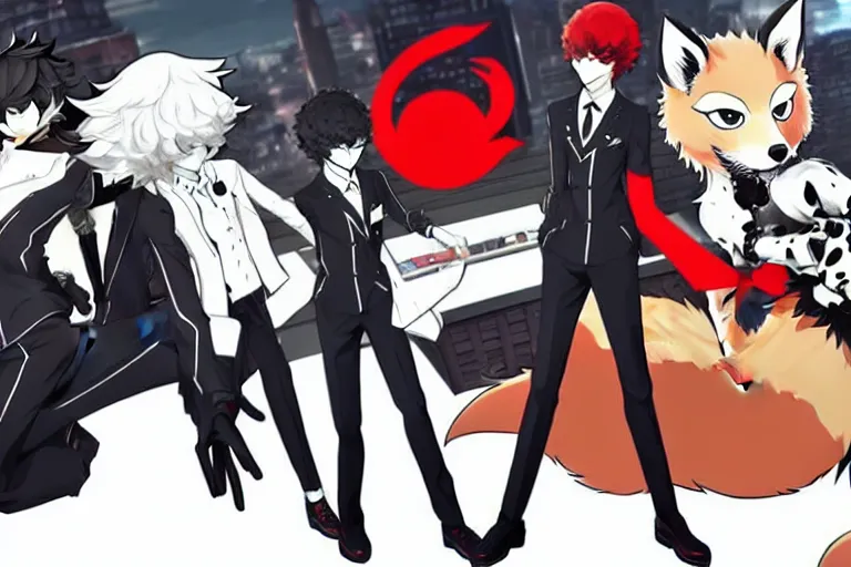 Prompt: persona 5 : royal ( by atlus ) video game splash screen, a furry male sandcolored tan fox fursona ( has hair ), persona 5 phantom thief style