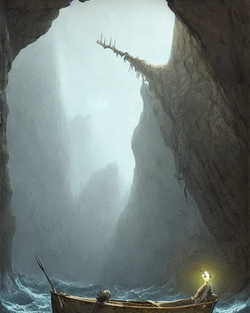 Image similar to painting of a man in a boat in a cave, a detailed matte painting by john howe, cgsociety, fantasy art, matte painting, lovecraftian horror, fantasy