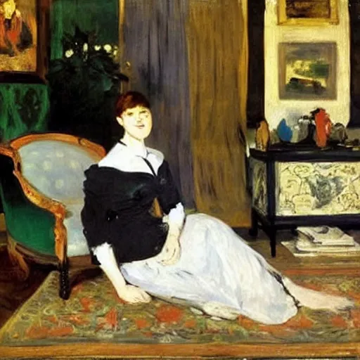 Prompt: a modern woman in a living room, Edouard Manet, painting,