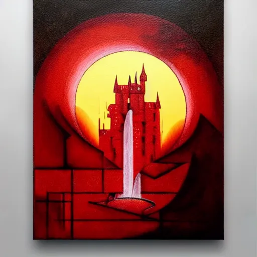 Image similar to a painting of a dreadful red sun over a castle with a waterfall in front of it. digital painting, vertical, intricate, beautiful, detailed, grunge, sharp focus, abstract art by el lissitzky and artgerm and kandinsky and kuvshinov, trending on artstation. gradient darker to bottom