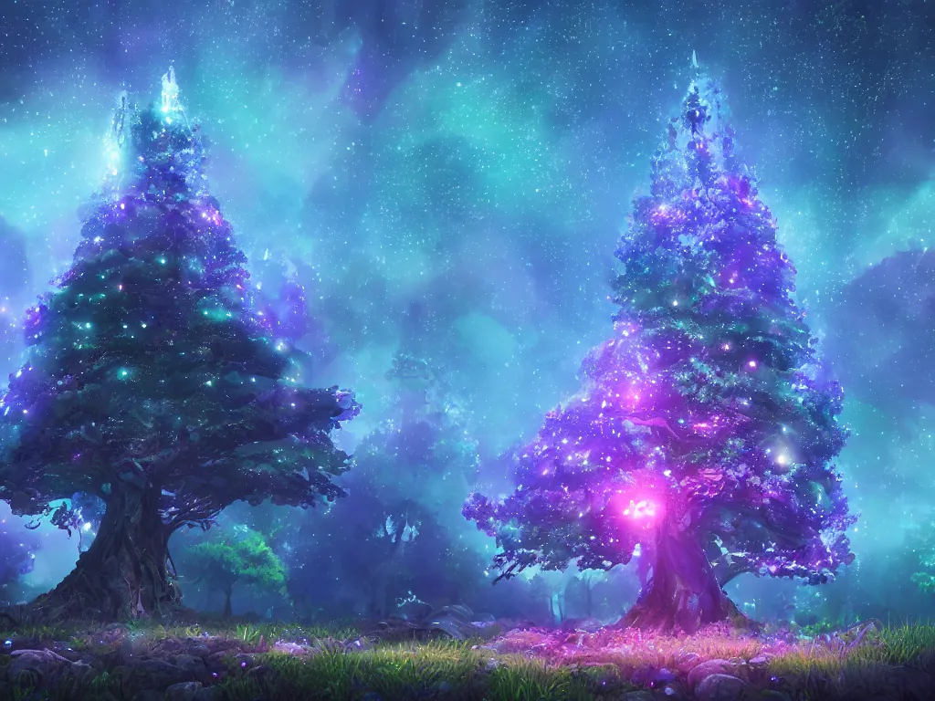 Image similar to a magical tree glowing with starry dusted light, deep color, fantasy art, by beeple and pixar and avatar vivid glowing colors, extreme detail, studio ghibli and pixar and abzu, rendering, cryengine, deep colors, purple and blue and green colors, vray render, cgsociety