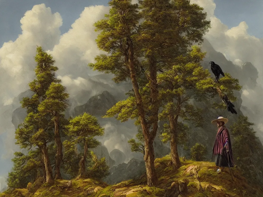 Prompt: a man in a grey cloak and brimmed hat with a staff travelling trough the mountains with trees, very detailed, colorful, oil painting, clouds, old man, alone, ravens