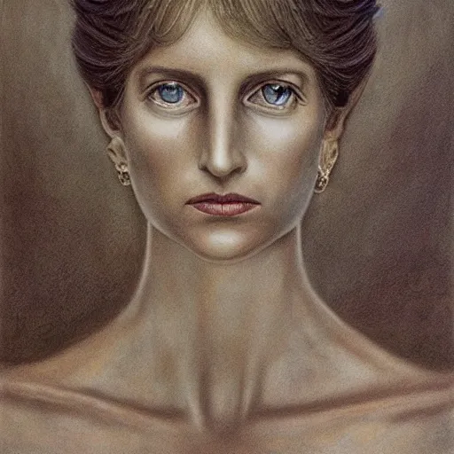 Prompt: Beautiful portrait of Princess Diana by Julie Taymor. Beksinski drawn. Scenography of the Year