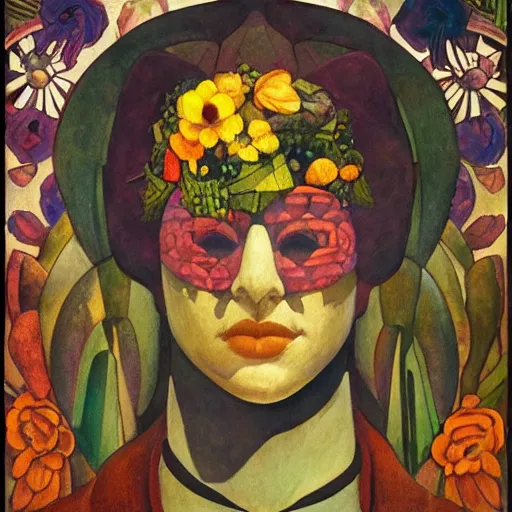 Image similar to head of a beautiful boy wearing a mask made of flowers, by diego rivera and john watkiss and annie swynnerton, art deco shaman, stylized flowers, art brut, symbolist, dramatic cinematic lighting, god rays, iridescent beetles, clean crisp graphics, smooth sharp focus, extremely detailed