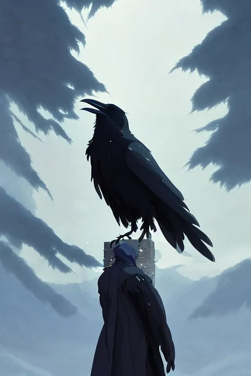 Image similar to raven headed warlock doing magic spells wind, white robes, finely detailed perfect face, exquisite details, mid view, design on a white background, by studio muti, greg rutkowski makoto shinkai takashi takeuchi studio ghibli