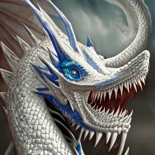 Image similar to a Blue eyed white dragon, epic background by Keith Thompson and Christopher Bretz, highly detailed, digital painting, HDRI, vivid colors, high contrast, 8k resolution, intricate, photorealistic, smooth