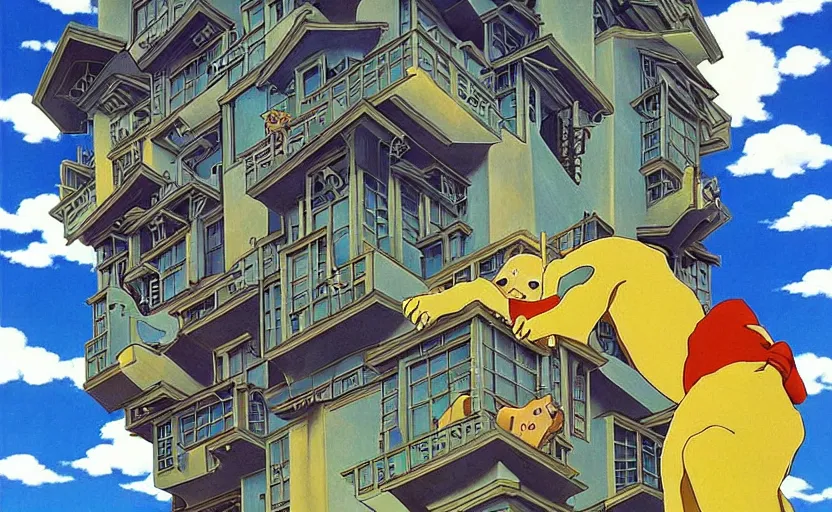 Image similar to beautiful painting from the anime film by studio ghibli, floppy eared dog devouring a robot, happy, MC Escher inspired by Salvador Dali-H 1024