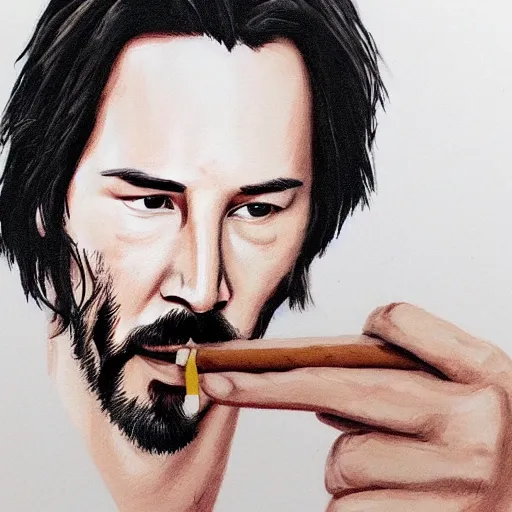 Image similar to a detailed portrait of keanu reeves smoking a cigar art illustration, incredibly highly detailed and realistic, 8 k, sharp focus