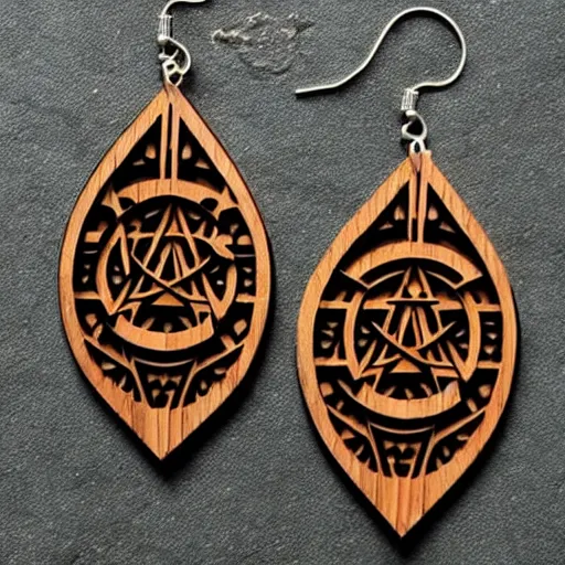 Image similar to 2 d wood lasercut earrings, mystical symbols, 8 k, hd, trending on amazon on artstation, trending on deviantart, trending on etsy, epic digital art