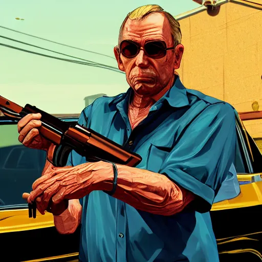 Image similar to old man in car holding gun, gta v art