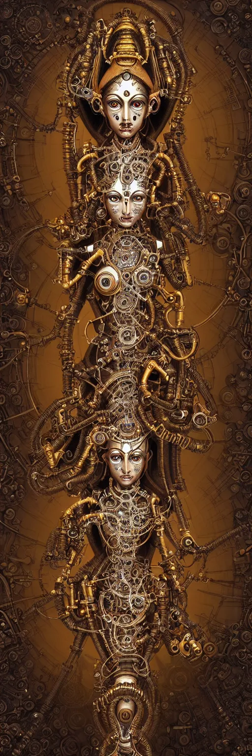 Image similar to seamless pattern of steampunk cybernetic biomechanical hindu goddess dugra, 3 d model, very coherent symmetrical artwork, unreal engine realistic render, 8 k, micro detail, gold and steel intricate, elegant, highly detailed, digital painting, artstation, smooth, sharp focus, illustration, artgerm, tomasz alen kopera, wlop