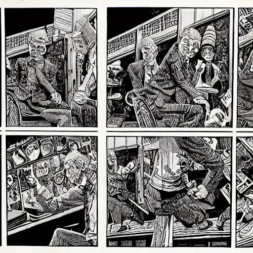 Image similar to a six panel pen and ink surrealist comic strip robert crumb jack davis mc escher masterpiece perfect composition very strange - w 1 0 2 4