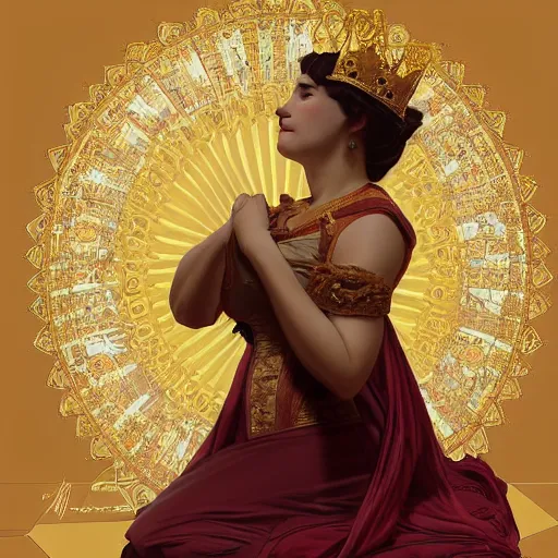 Image similar to condescension of a proud queen to a servant kneeling before her, yellow eyes, sitting in a chair while posing for a photo, highly detailed, digital painting, artstation, concept art, smooth, sharp focus, illustration, art by artgerm and alphonse mucha, high definition digital art, in the style of ilya kuvshinov and Ross tran