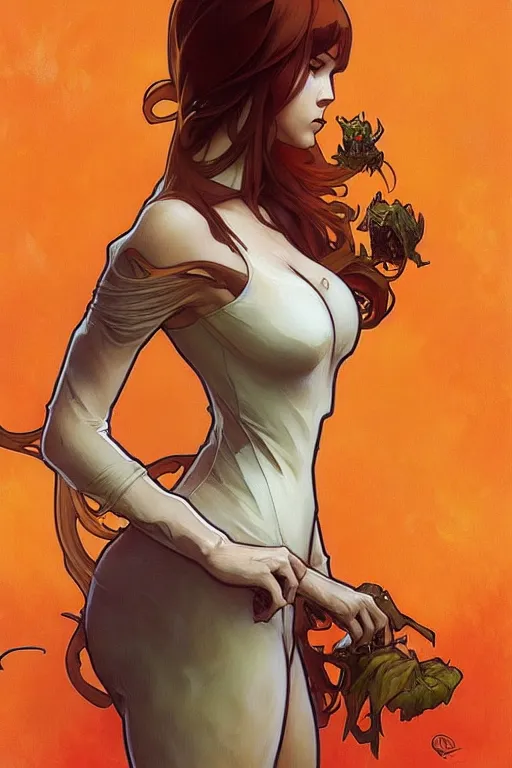 Image similar to a orange cat eating spiders, art by artgerm and greg rutkowski and alphonse mucha