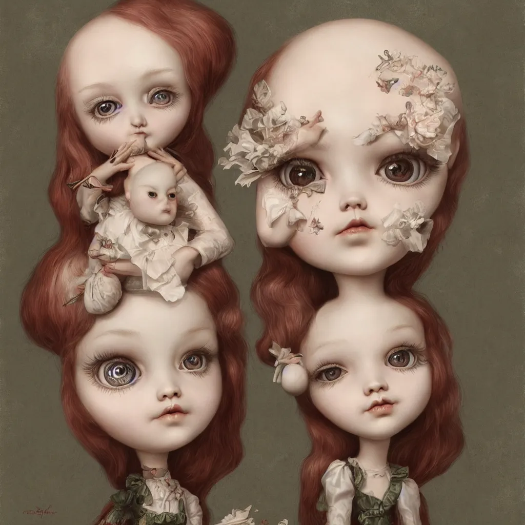 Prompt: cute pocelain doll, Mark Ryden style, highly detailed, digital painting, artstation, concept art, smooth, sharp focus, illustration,