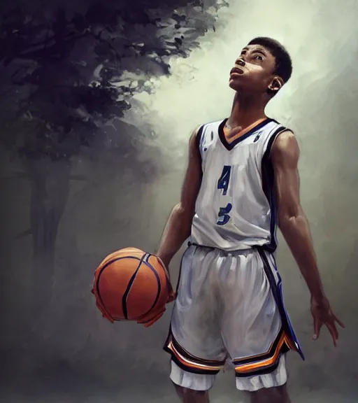 Image similar to portrait of a boy at a basketball court playing basketball wearing a basketball uniform in a basketball court standing near the basketball hoop, poised, intense emotion, detailed facial expression, detailed surroundings, intricate, elegant, highly detailed, centered, digital painting, artstation, concept art, smooth, sharp focus, illustration, by Peter Mohrbacher, WLOP