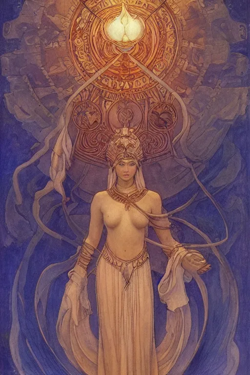 Prompt: goddess of the new city with her lantern, by Annie Swynnerton and Nicholas Roerich and jean delville, dramatic cinematic lighting , ornate headdress , flowing robes, lost civilizations, extremely detailed