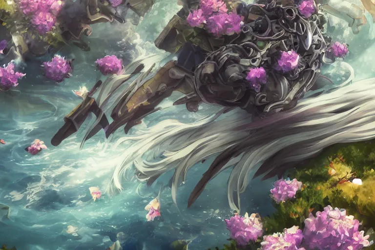 Image similar to scenes, dynamic composition, motion, ultra - detailed, incredibly detailed, a lot of details, amazing fine details and brush strokes, colorful and grayish palette, smooth, hd semirealistic anime cg concept art digital painting, watercolor oil painting of sea of flowers, in style of cytus and deemo, blue flame, relaxing, calm and mysterious vibes