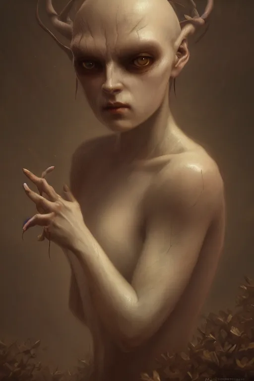 Image similar to a portrait of a creepy creature, illustration, soft lighting, soft details, dark mood, painting oil on canvas by Edmund Blair Leighton and Charlie Bowater and Wayne Barlowe octane render trending on artstation d&d characters, 4k, 8k, HD