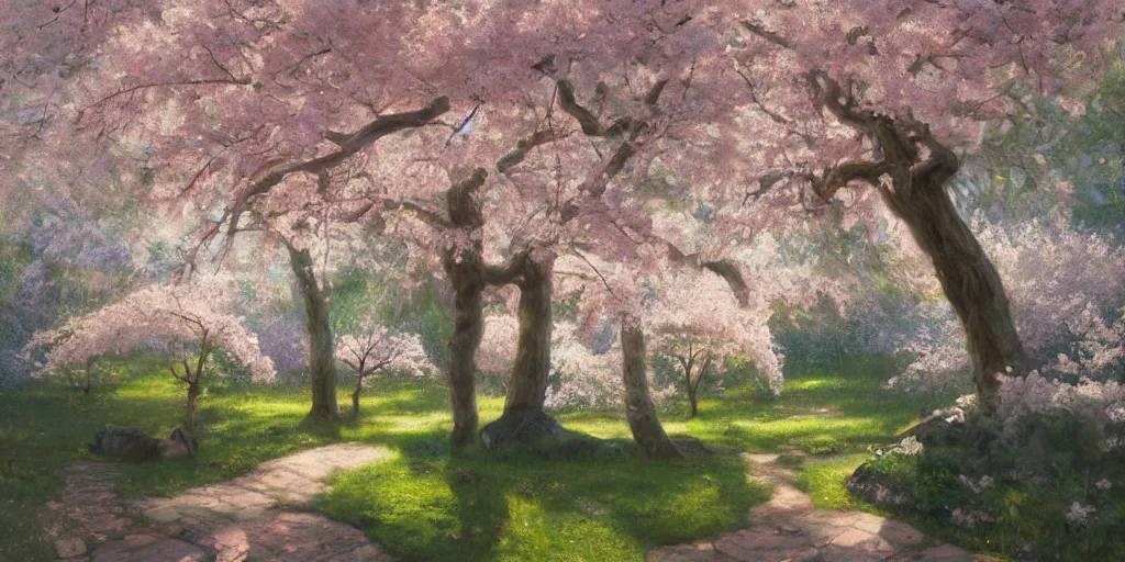 Image similar to spiritual journey through the garden of eden, sakura trees, sakura season dynamic lighting, landscape, artwork by jeremy lipkin and giuseppe dangelico pino and other unknown artists, 1 0 0 mm