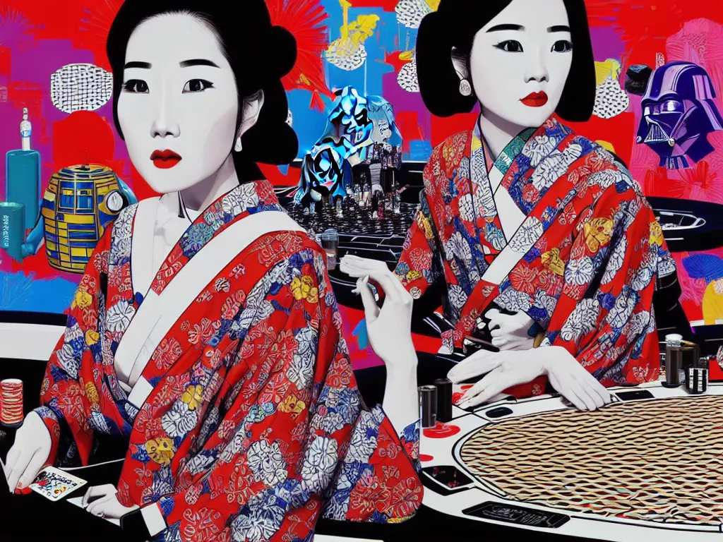 Image similar to hyperrealistic composition of the detailed woman in a japanese kimono with the ( ( c 3 p 0 ) ) robot head sitting at a extremely detailed poker table with darth vader, fireworks, mountain fuji on the background, pop - art style, jacky tsai style, andy warhol style, acrylic on canvas