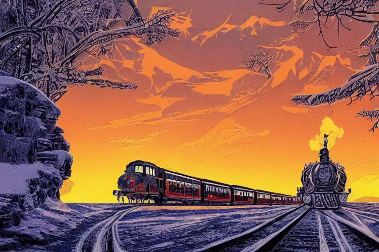 Image similar to trans - siberian express train illustration by joe fenton and syd mead and p. craig russell and barry windsor - smith, artstation, 4 k, graphic novel, concept art, matte painting, beautiful russian winter landscape sunset background, golden hour, art nouveau