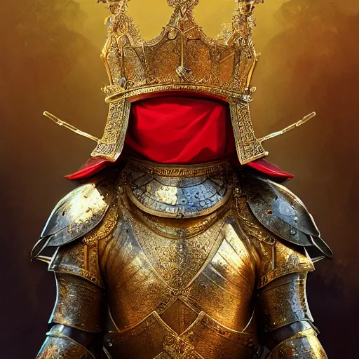 Image similar to detailed photorealistic of a capybara wearing a highly detailed ornamented gold crown with diamonds, in a medieval knight armor with red cape, standing in front of a highly detailed castle, sharp focus in the style of ruan jia, Mandy jurgens, cinematic light, concept art, trending on artstation, ultra realistic