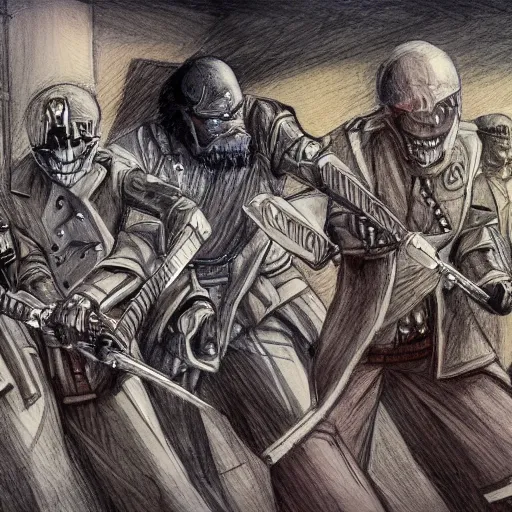 Prompt: highly detailed realistic sketch of UN members in suits yelling at a cyborg samurai, killing each-other , bloody , fear and anger in their eyes, colored , award winning , masterpiece on a scroll , post-processing