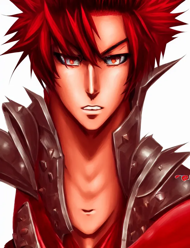 Image similar to a detailed manga portrait of a handsome tall boy with spiked crimson hair in fiery crimson crystalline armour, trending on artstation, digital art, 4 k resolution, detailed, high quality, sharp focus, hq artwork, coherent, insane detail, character portrait